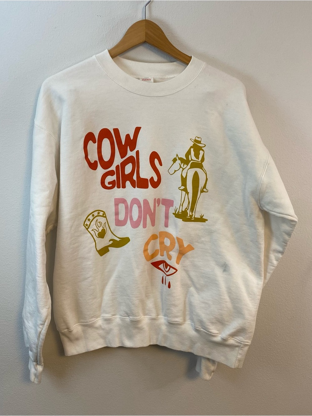 Cowgirls Dont Cry White Crewneck Pullover Rodeo Horses Weatern Womens Medium